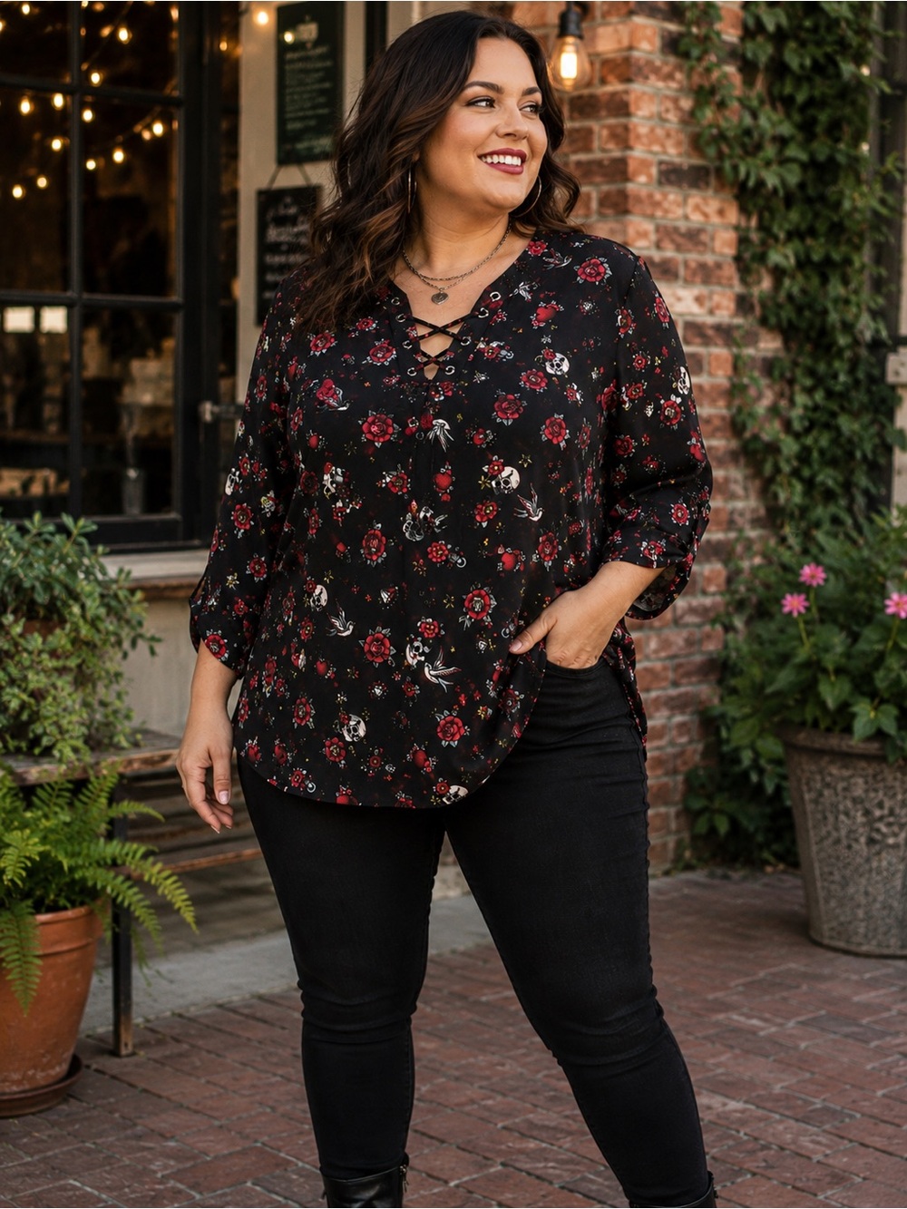 Torrid Harper NWT Skull Rose Lace-Up Blouse Size 3 3X Goth Tattoo Floral Top